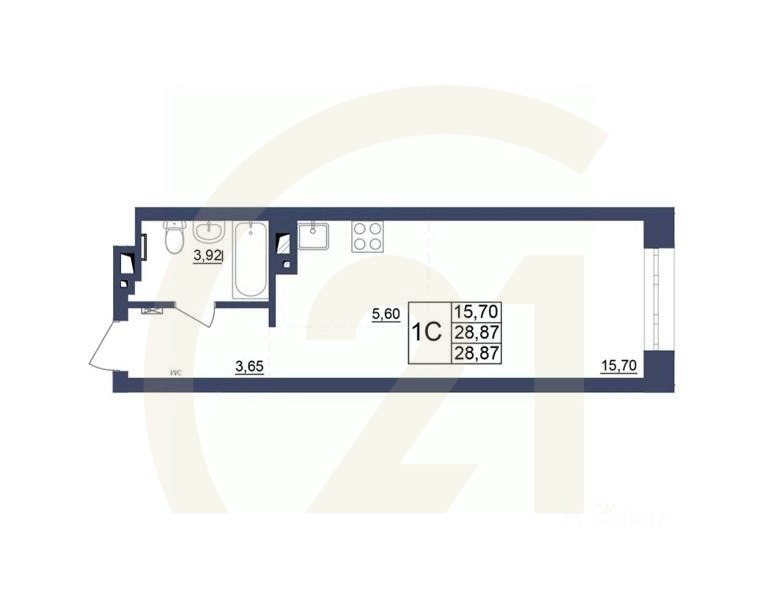 1-комн, 28,96 м²в ЖК «Космос»