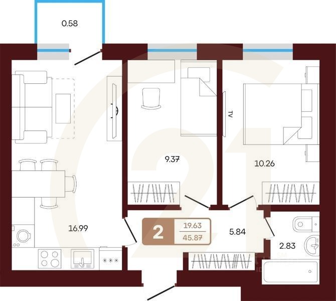 2-комн. квартира, 45,87 м²в ЖК «ЯРАТАУ»