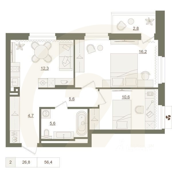 2-комн. квартира, 56,4 м²в ЖК «Квартал «Родина Парк»