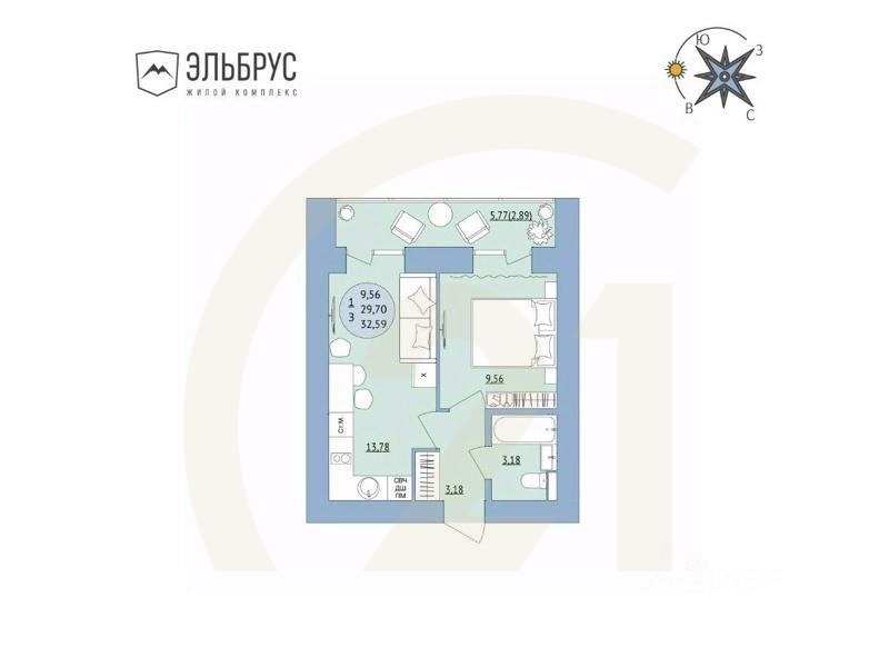 1-комн. квартира, 32,59 м²в ЖК «Эльбрус»