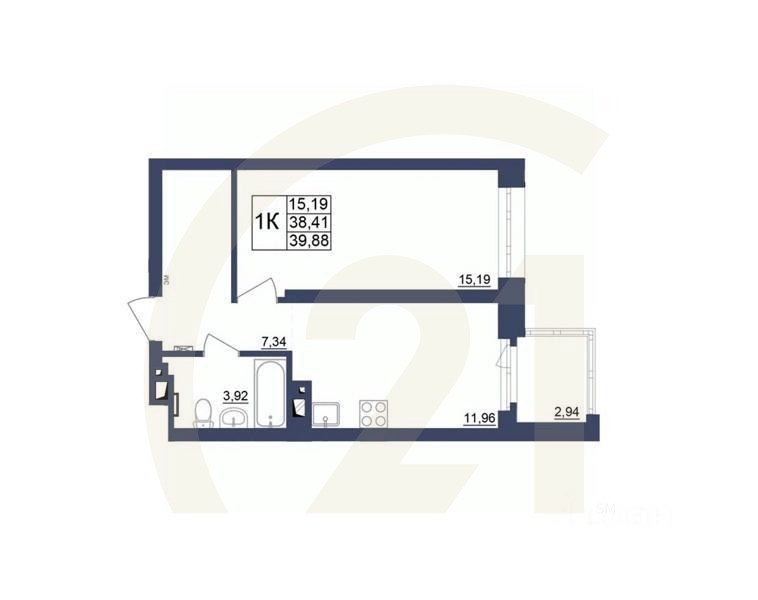 1-комн. квартира, 39,88 м²в ЖК «Космос»