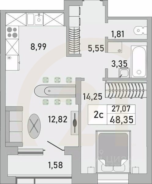 2-комн. квартира, 48,35 м²в ЖК «Платинум»