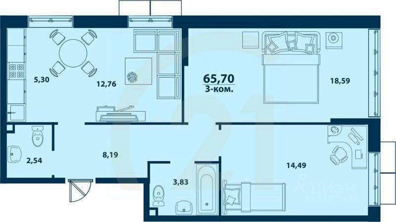 3-комн. квартира, 65,7 м²в ЖК «Город природы»
