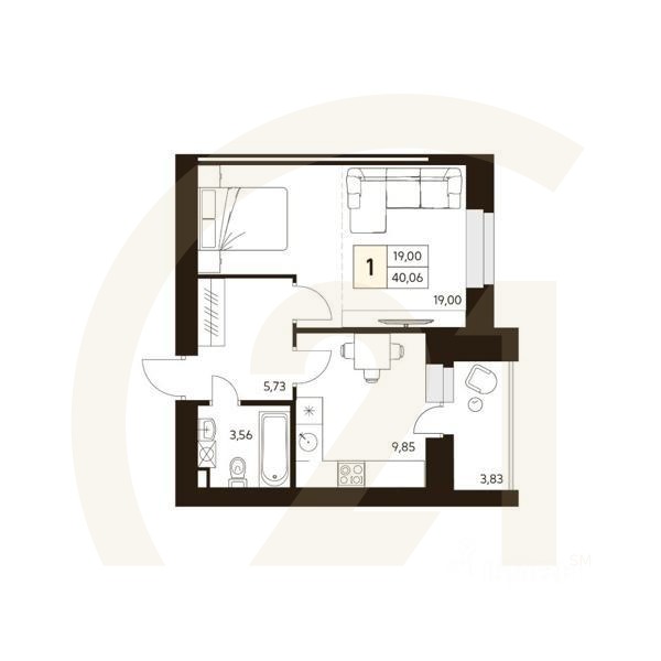 1-комн. квартира, 40,06 м²в ЖК «MATUR»