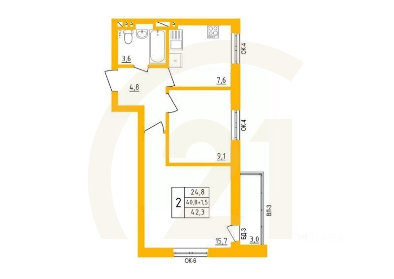 2-комн. квартира, 42,4 м²