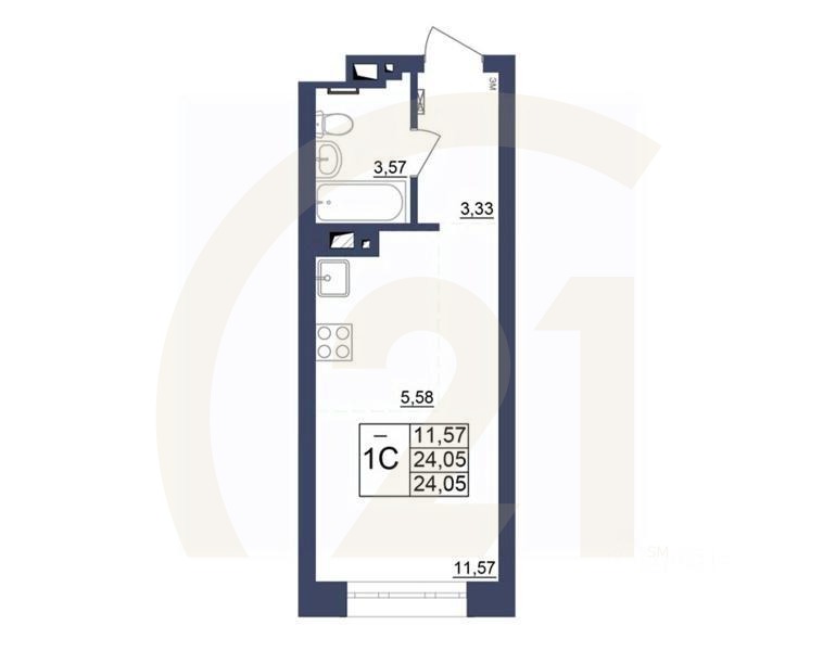 1-комн, 23,93 м²в ЖК «Космос»