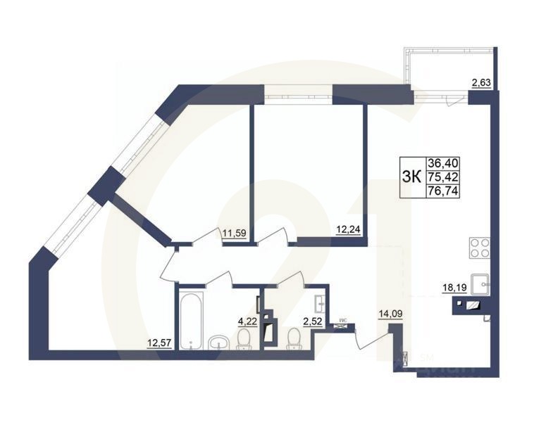 3-комн. квартира, 76,47 м²в ЖК «Космос»