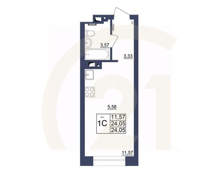 1-комн, 23,87 м²в ЖК «Космос»