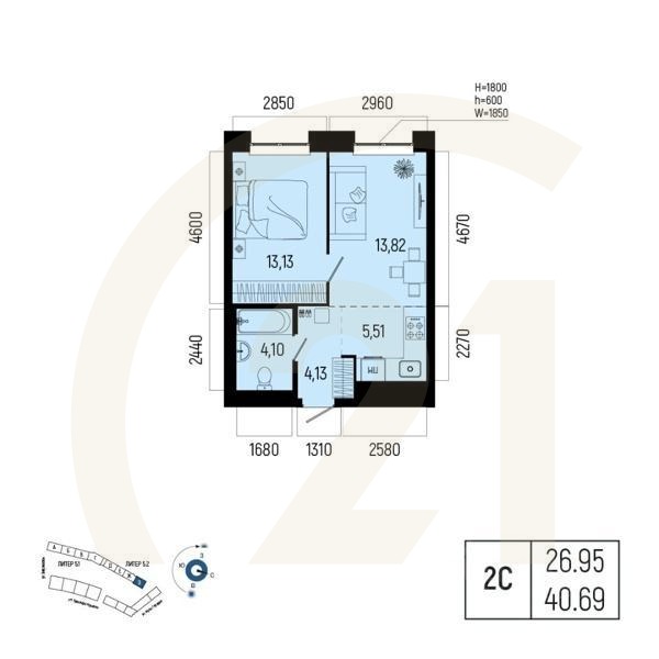 2-комн. квартира, 40,69 м²в ЖК «Новатор»