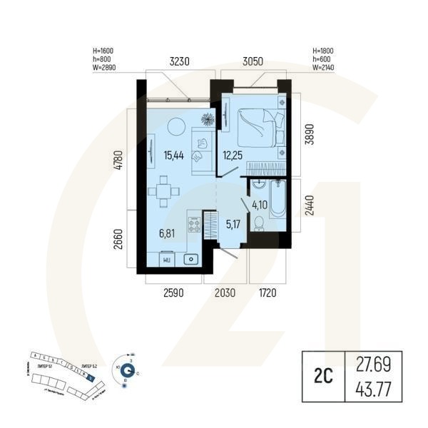 2-комн. квартира, 43,77 м²в ЖК «Новатор»