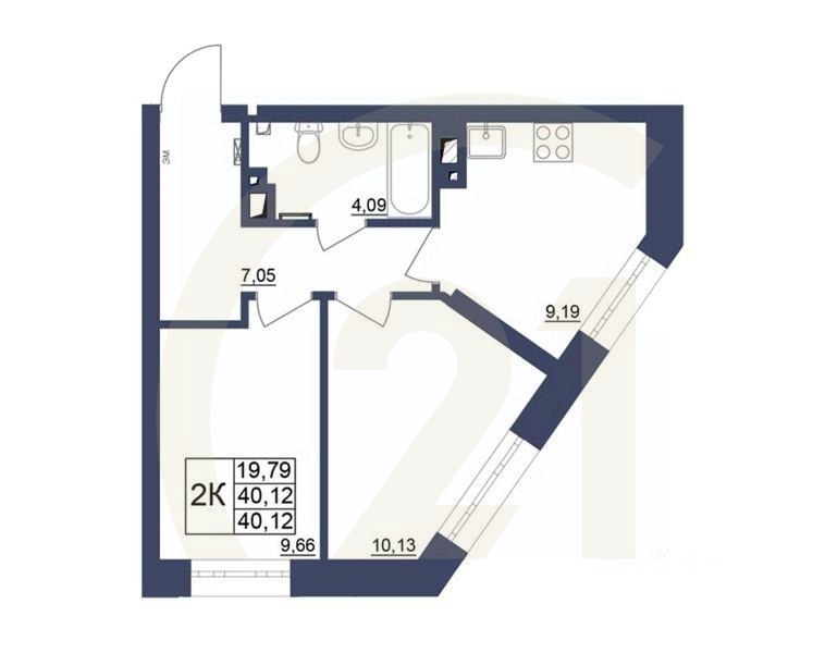 2-комн. квартира, 40,12 м²