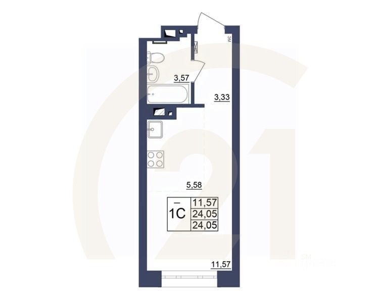 1-комн, 24,05 м²в ЖК «Космос»