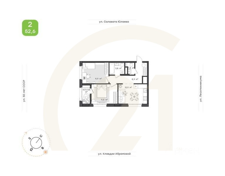2-комн. квартира, 52,6 м²в ЖК «Бионика Парк»