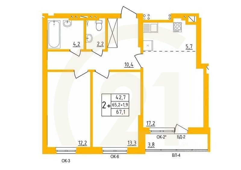 2-комн. квартира, 66,6 м²в ЖК «Акварель»