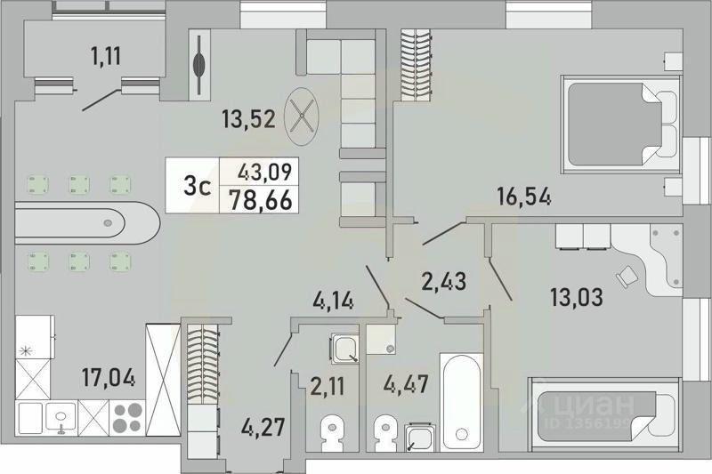 3-комн. квартира, 78,66 м²в ЖК «Платинум»