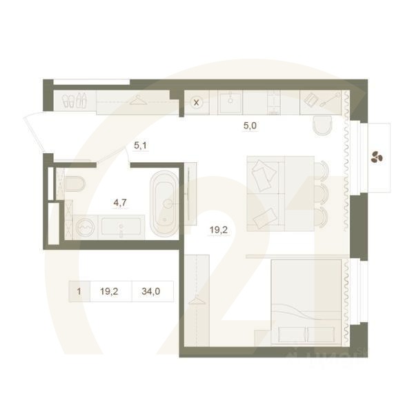 1-комн. квартира, 34 м²в ЖК «Квартал «Родина Парк»
