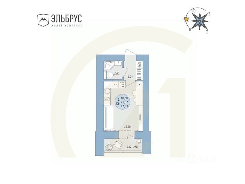 1-комн, 22,93 м²в ЖК «Эльбрус»