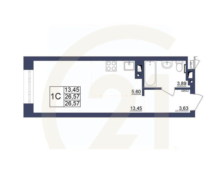 1-комн, 26,39 м²в ЖК «Космос»