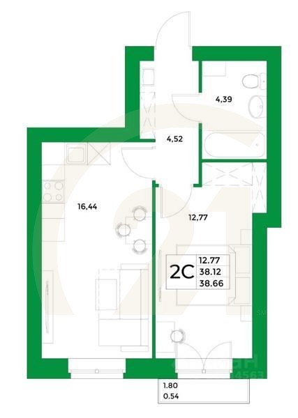 2-комн, 38,66 м²