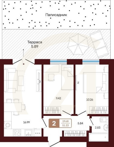 2-комн. квартира, 51,23 м²в ЖК «ЯРАТАУ»