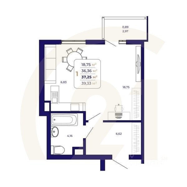 1-комн. квартира, 37,25 м²в ЖК «Паруса»