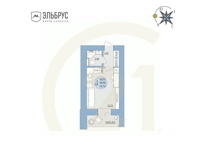 1-комн, 22,72 м²в ЖК «Эльбрус»