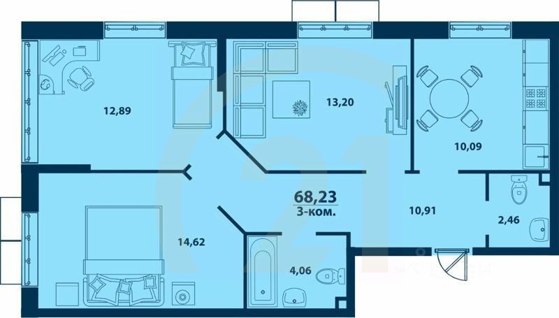 3-комн. квартира, 68,23 м²в ЖК «Город природы»