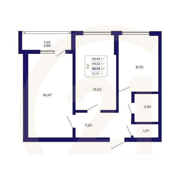 2-комн. квартира, 50,72 м²в ЖК «Паруса»