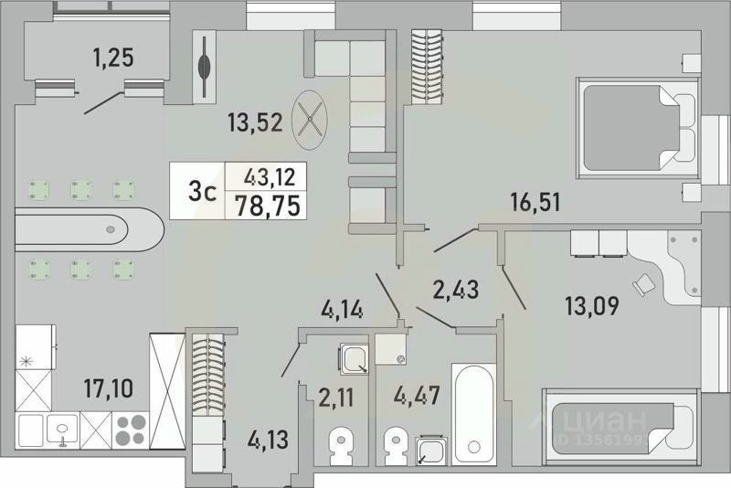 3-комн. квартира, 78,75 м²в ЖК «Платинум»