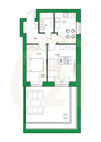 2-комн. квартира, 51,36 м²