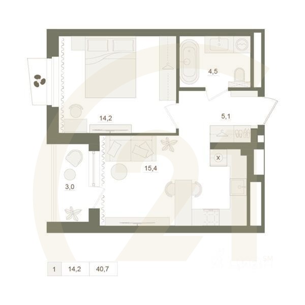1-комн. квартира, 40,7 м²в ЖК «Квартал «Родина Парк»