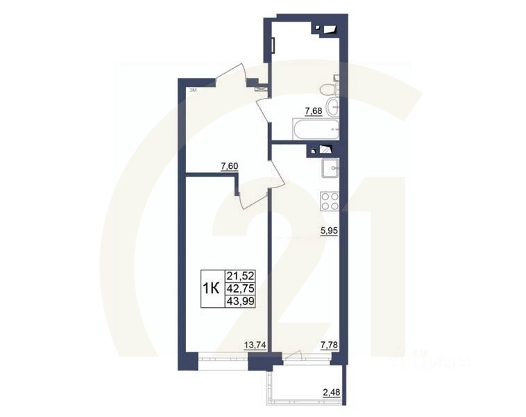 1-комн. квартира, 43,75 м²в ЖК «Космос»