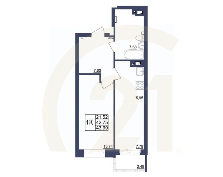 1-комн. квартира, 43,99 м²