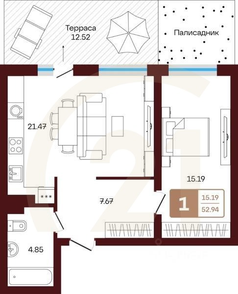 1-комн, 51,19 м²в ЖК «ЯРАТАУ»