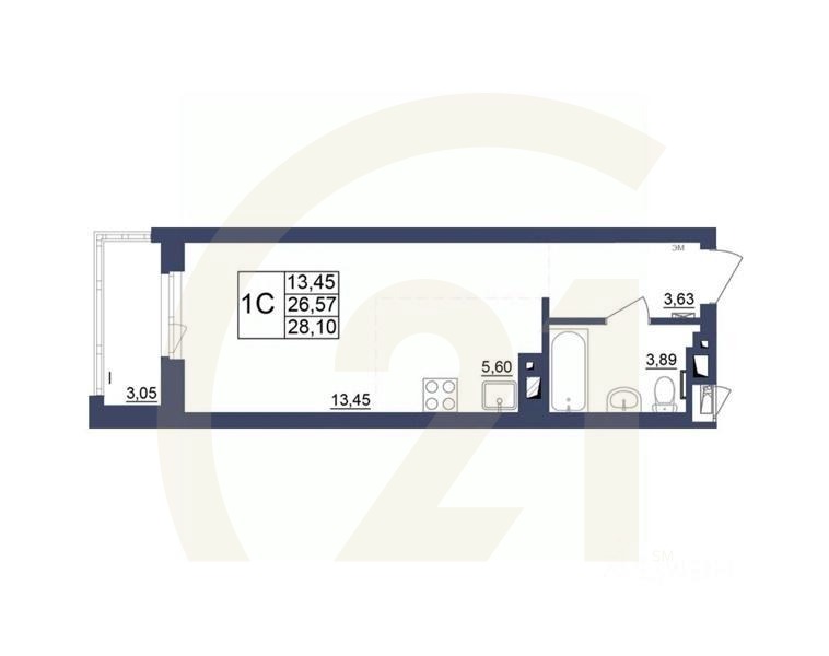 1-комн, 28,19 м²в ЖК «Космос»