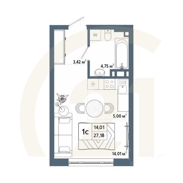 1-комн, 27,24 м²в ЖК «Крылья»