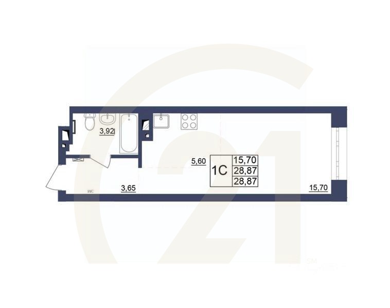 1-комн, 28,74 м²в ЖК «Космос»