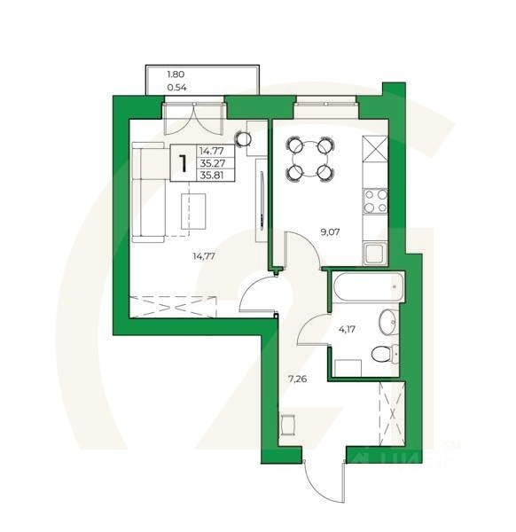 1-комн. квартира, 35,81 м²