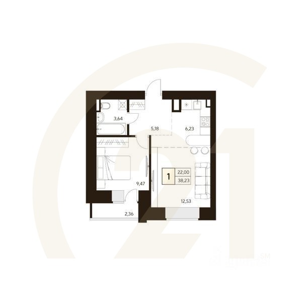 1-комн. квартира, 38,18 м²в ЖК «MATUR»