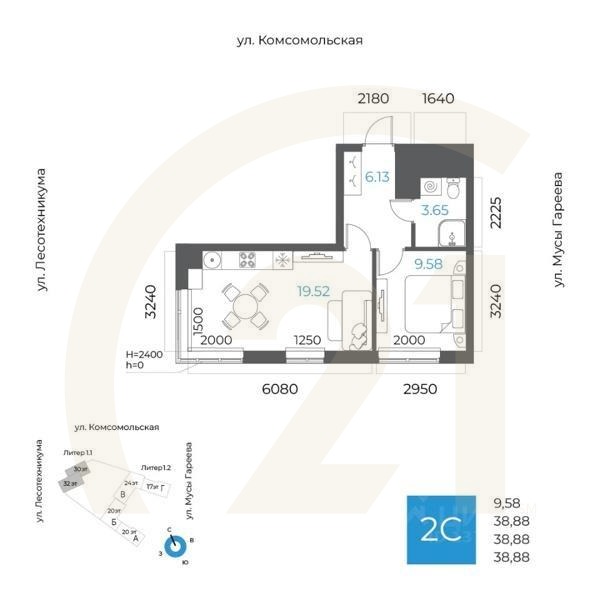 2-комн. квартира, 38,88 м²в ЖК «8 NEBO»