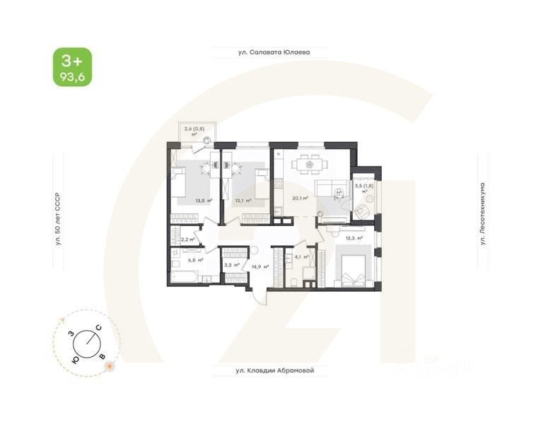 3-комн. квартира, 93,6 м²в ЖК «Бионика Парк»