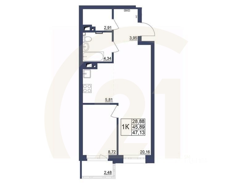 1-комн. квартира, 47,35 м²в ЖК «Космос»