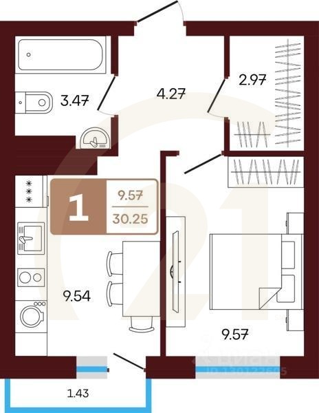 1-комн, 49,33 м²в ЖК «ЯРАТАУ»