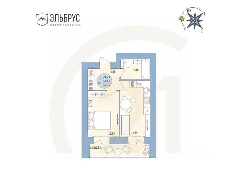 2-комн. квартира, 39,49 м²в ЖК «Эльбрус»