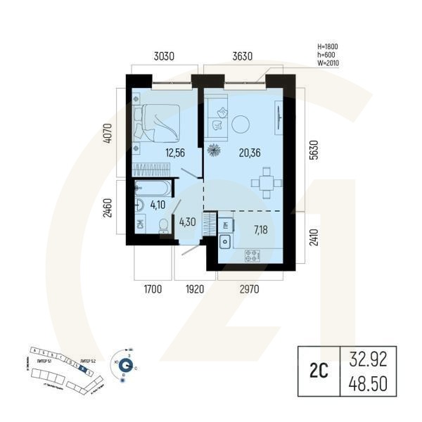 2-комн. квартира, 48,5 м²в ЖК «Новатор»