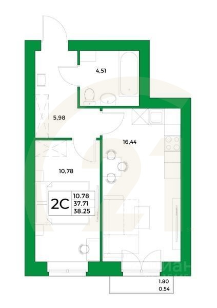 2-комн, 38,25 м²