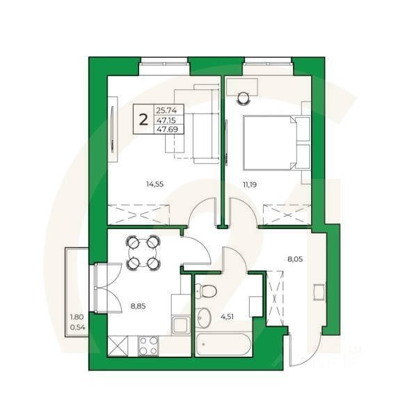 2-комн. квартира, 47,69 м²