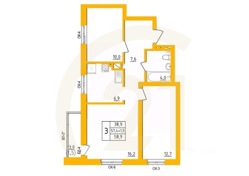 3-комн. квартира, 58,5 м²