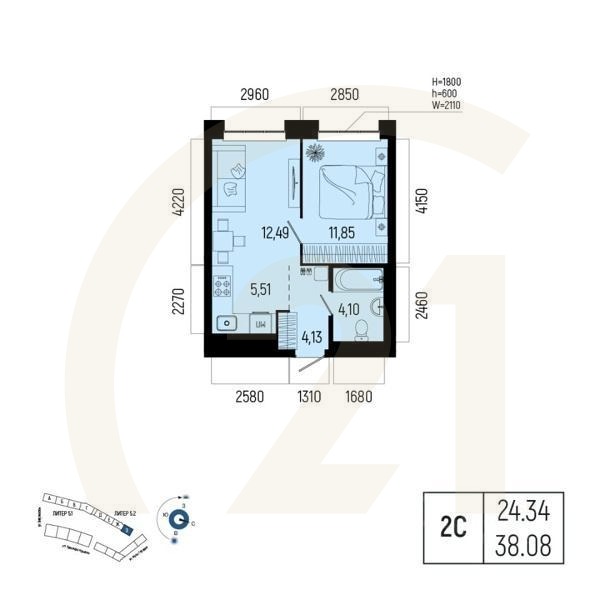2-комн. квартира, 38,08 м²в ЖК «Новатор»