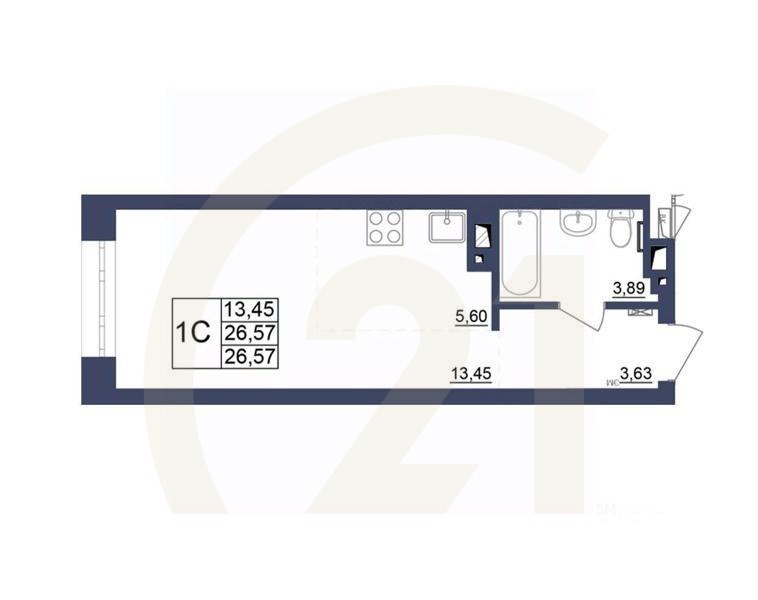1-комн, 26,39 м²в ЖК «Космос»
